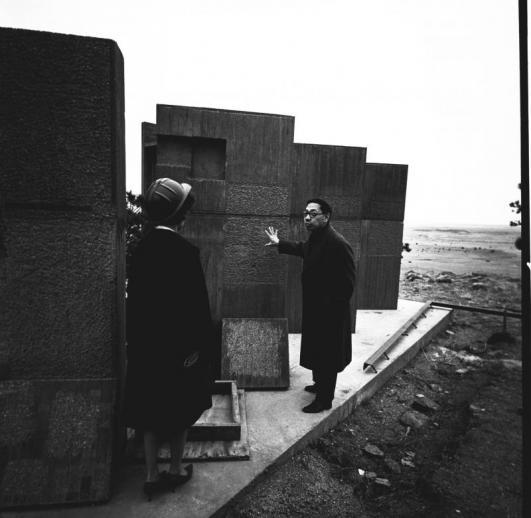 Architect I.M. Pei inspects test slabs, 1965