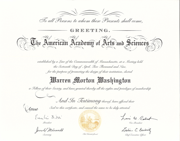 Warren's American Academy of Arts and Sciences certificate that was designed by President John Adams.