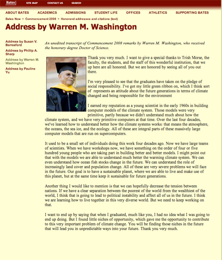 Address by Warren Washington webpage screenshot