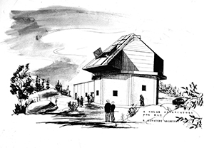 Black and white architect's drawing of the Climax Observatory,  circa 1950