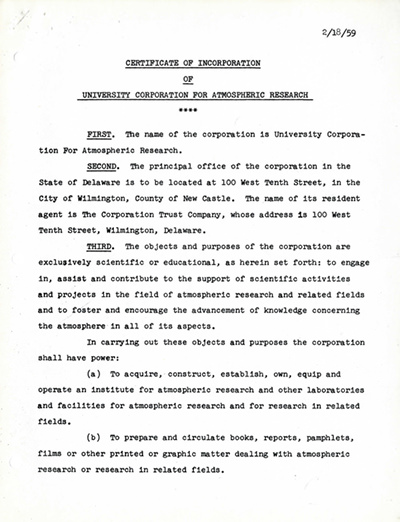 UCAR Certificate of Incorporation, 1959