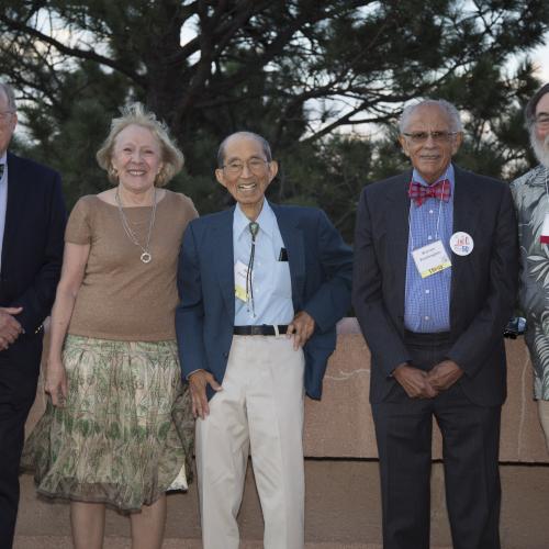 Re-creation of an early Mesa Lab photo: Dave Williamson, Bette Otto-Bliesner, Akira Kasahara, Warren Washington, and Bob Chervin.