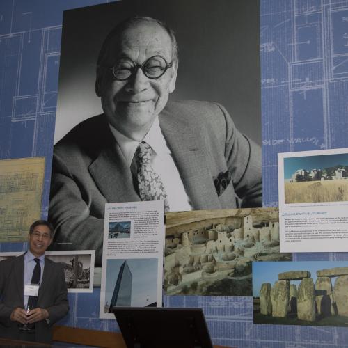 Sandi Pei stands in front of the photo of his father, Mesa Lab architect, I.M. Pei.