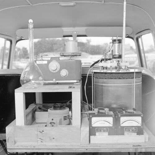 Calorimeter instrumentation set up in the back of a vehicle.