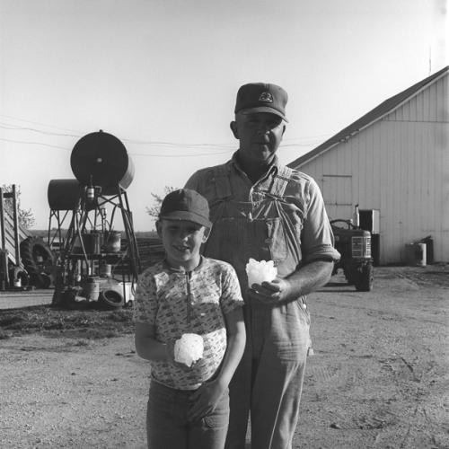 A man and child stand outside, each holding a very large hailstone. A barn, tractor, and other farm equipment are in the background.