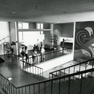 Interior view of the Mesa Laboratory lobby showing visitors and exhibit areas