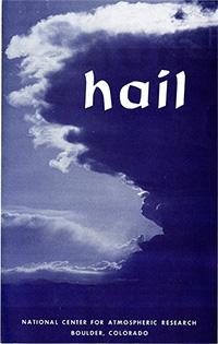 Brochure cover. The title Hail is written over a photo of storm clouds.