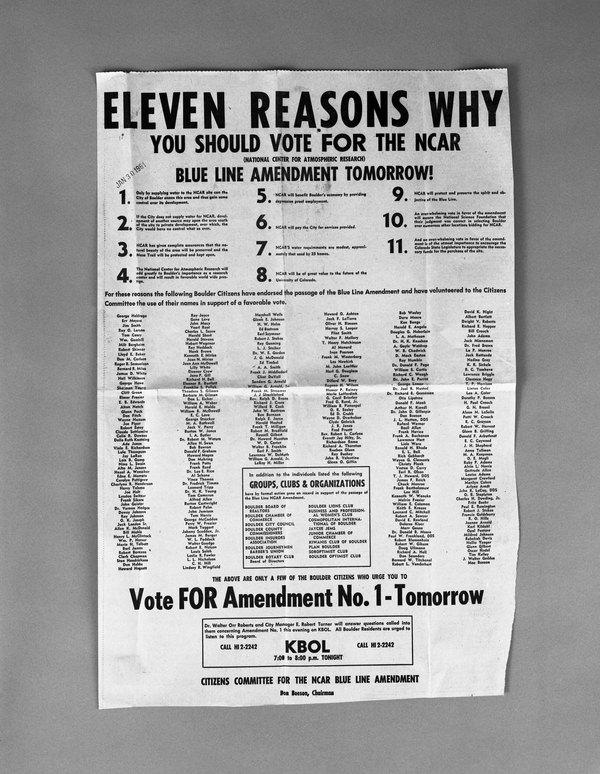 Photograph of newspaper advertisement asking Boulder residents to support the blue line amendment and allow NCAR to build on Table Mesa.