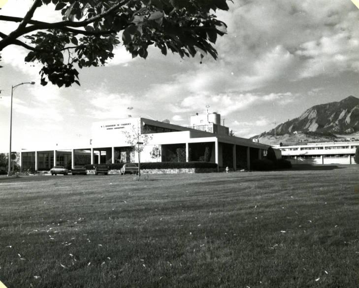 Early photograph of the National Bureau of Standards building with the Flatirons visible in the background.