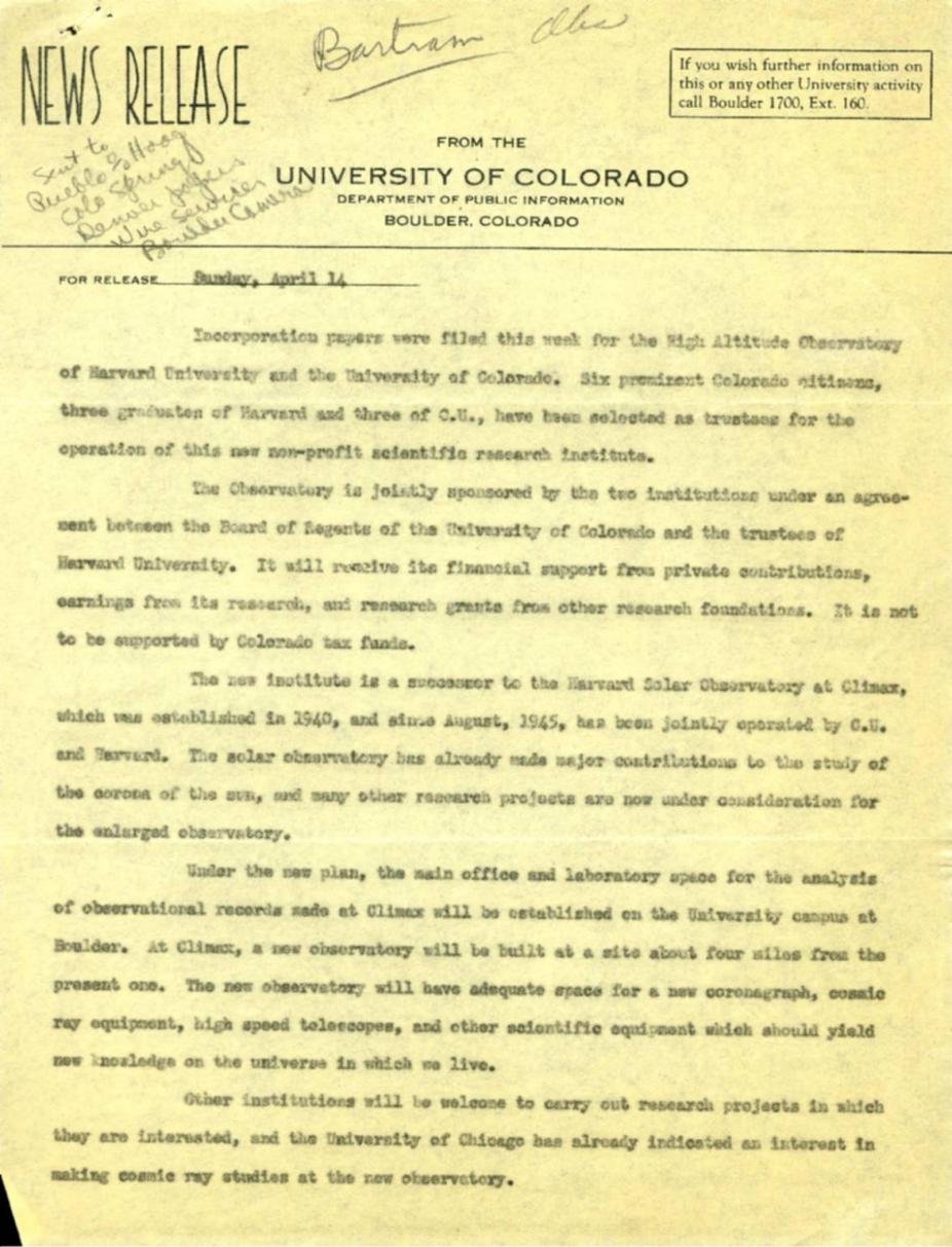 Typewritten news release from the University of Colorado