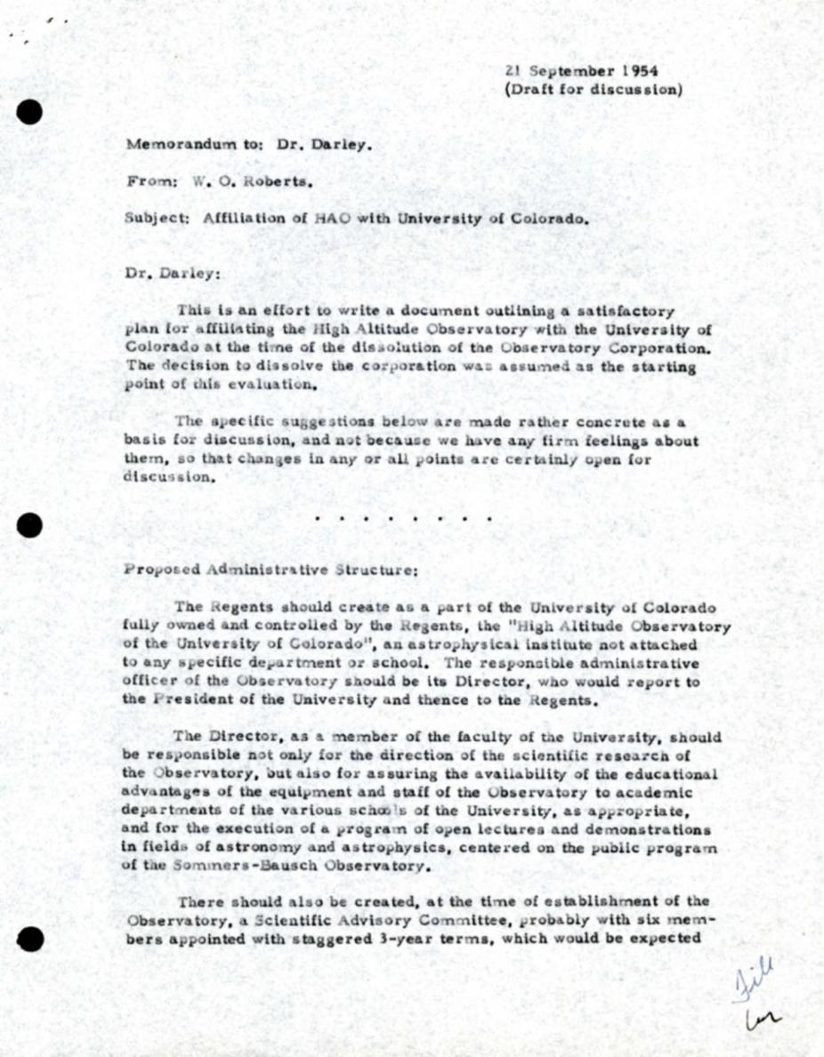 First page of draft typewritten letter to Ward Darley, CU President, proposing a new administrative relationship between HAO and CU. Screen reader support enabled.      		  First page of draft typewritten letter to Ward Darley, CU President, proposing a new administrative relationship between HAO and CU. Laura Hoff has left the document.