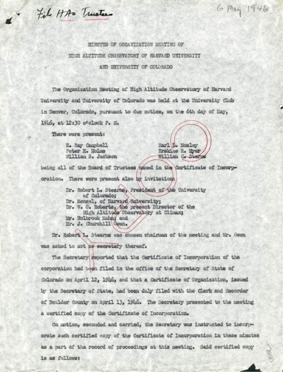 Certificate of Incorporation of HAO with CU and Harvard, 1946
