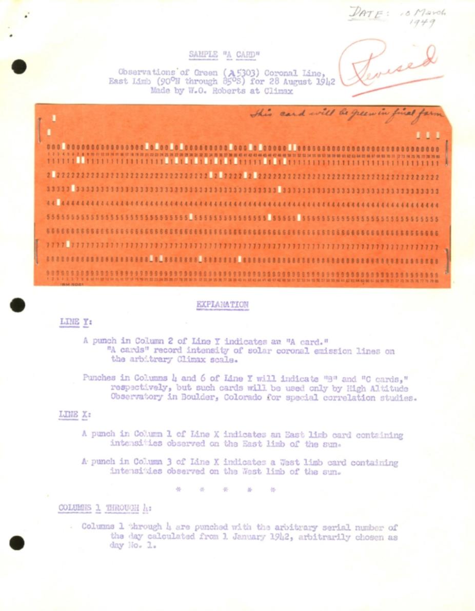 Punch card with rows of typewritten numbers and square holes punched on various number locations. Includes explanation on how to read the data on the card.