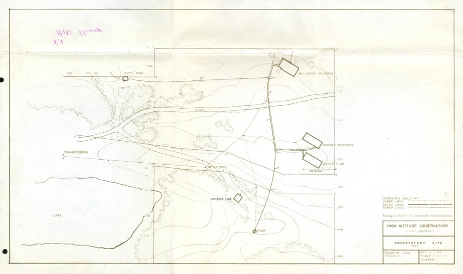 Map of High Altitude Observatory campus in Climax, Colorado, including Wollander Residence, Quonset Residence, Physics lab, water and sewer lines.