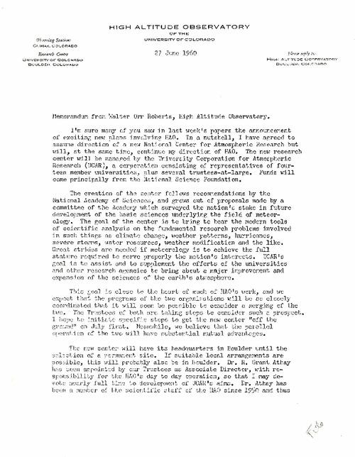 Letter from Walter Orr Roberts to the staff of HAO announcing his directorship of the new National Center for Atmospheric Research (NCAR)