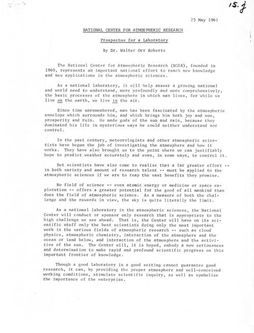 Typewritten page with Roberts' plan for NCAR.