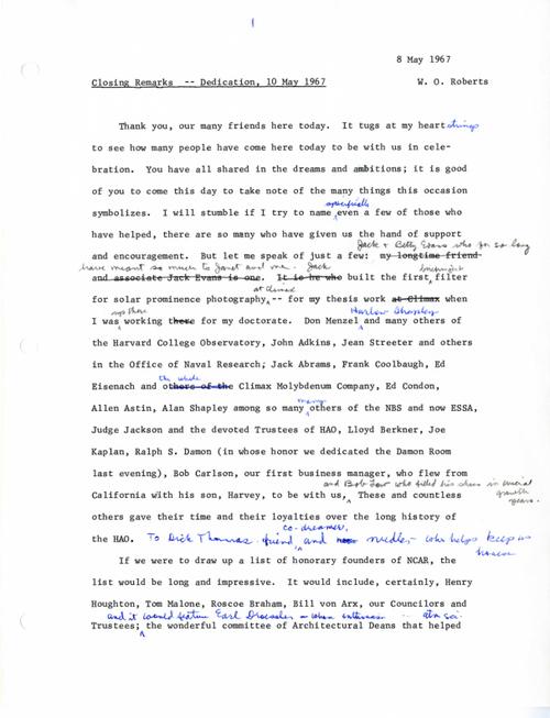 Typewritten and annotated copy of Roberts' Mesa Lab dedication speech.
