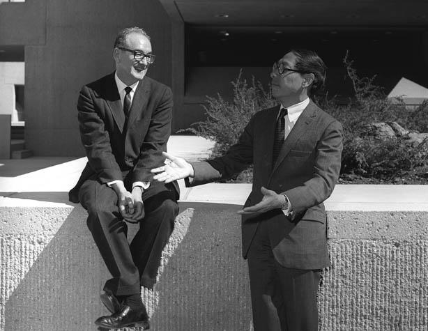 Walter Roberts and I.M. Pei sit outside the Mesa Lab in conversation.