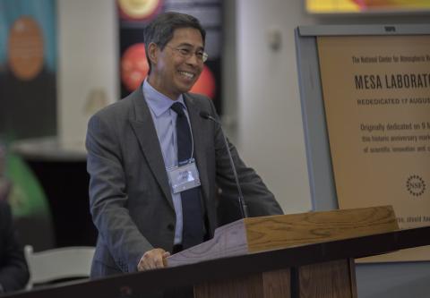 Sandi Pei, architect and son of I.M. Pei, speaks to a crowd at the rededication event.