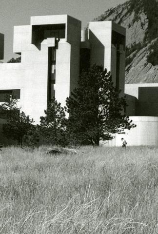 Photo of the Mesa Lab with the Flatirons visible in the background, circa 1970.